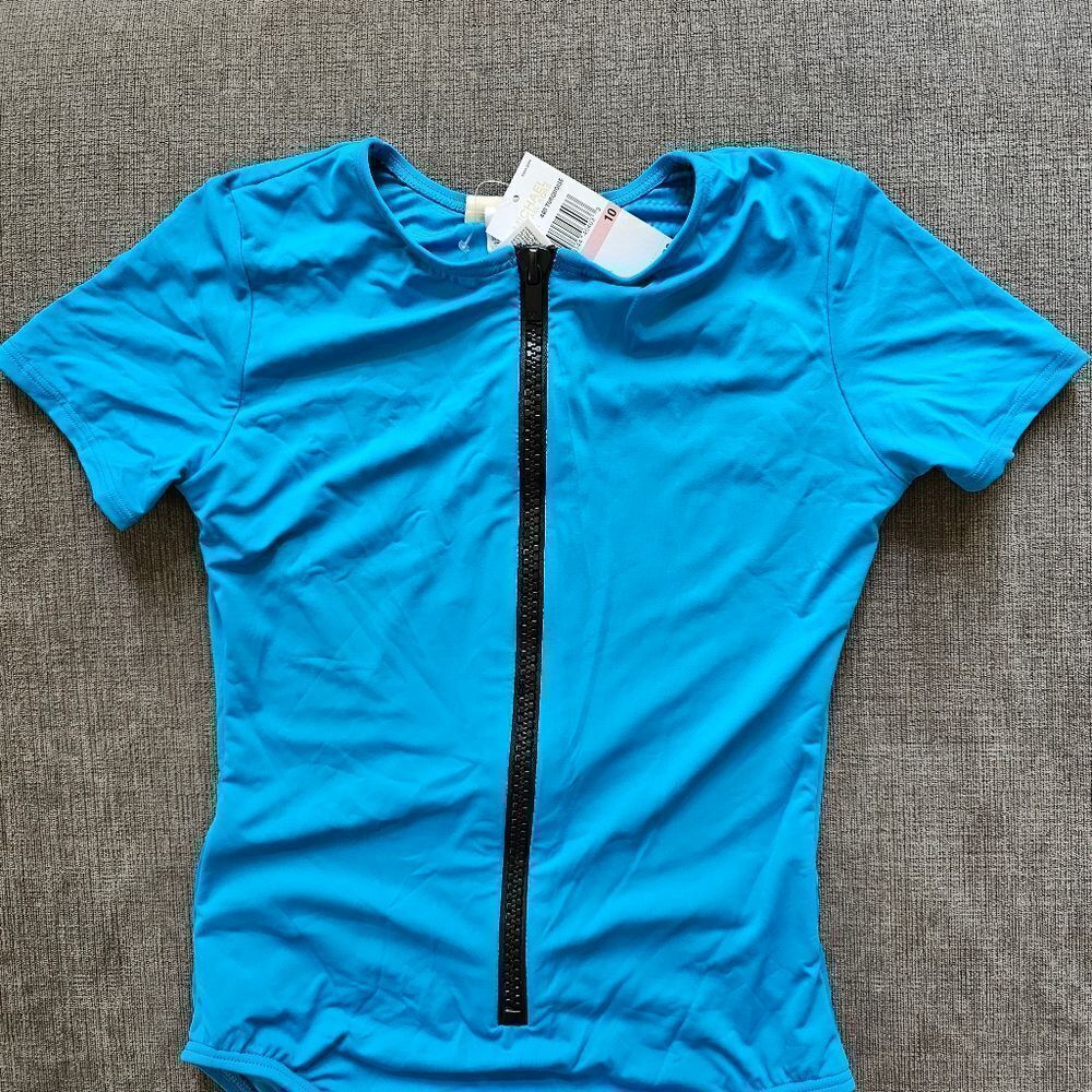 Michael Kors Blue Rashguard Short Sleeve Front Zip One-Piece Swimsuit size 10 - Picture 11 of 11